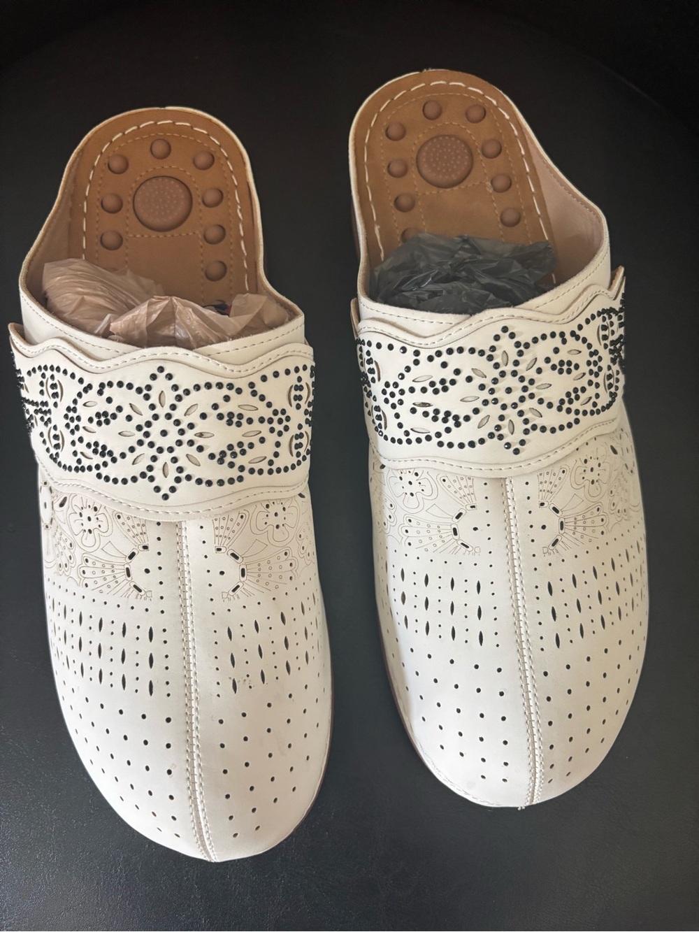 Women’s White Laser-Cut Slip-On Clogs with Stud Detail
